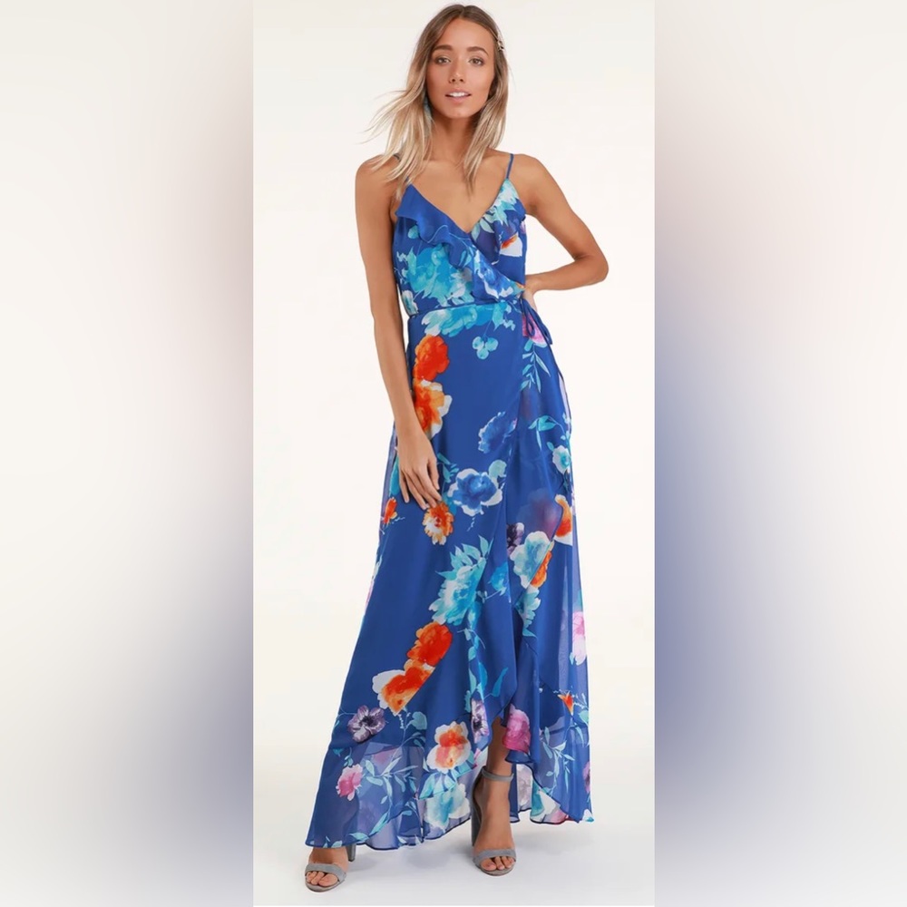 Lulu's Royal Blue Floral Maxi Dress with Multicolor Blooms